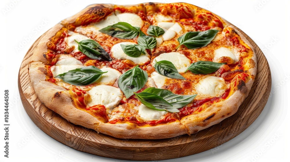 Classic Margherita pizza with fresh mozzarella and basil, served on a wooden plate isolated on a minimalist white background