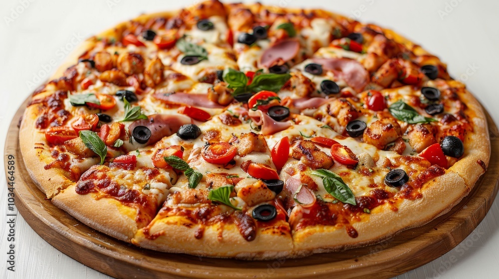 Classic Margherita pizza with fresh mozzarella and basil, served on a wooden plate isolated on a minimalist white background