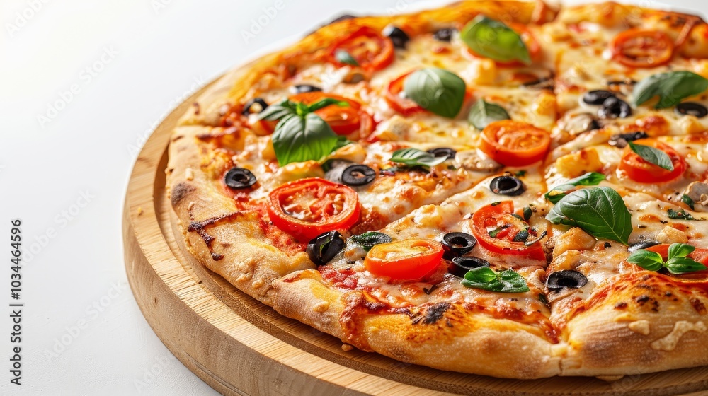 Classic Margherita pizza with fresh mozzarella and basil, served on a wooden plate isolated on a minimalist white background Classic Margherita pizza with fresh mozzarella and basil, served on a wooden plate isolated on a minimalist white background