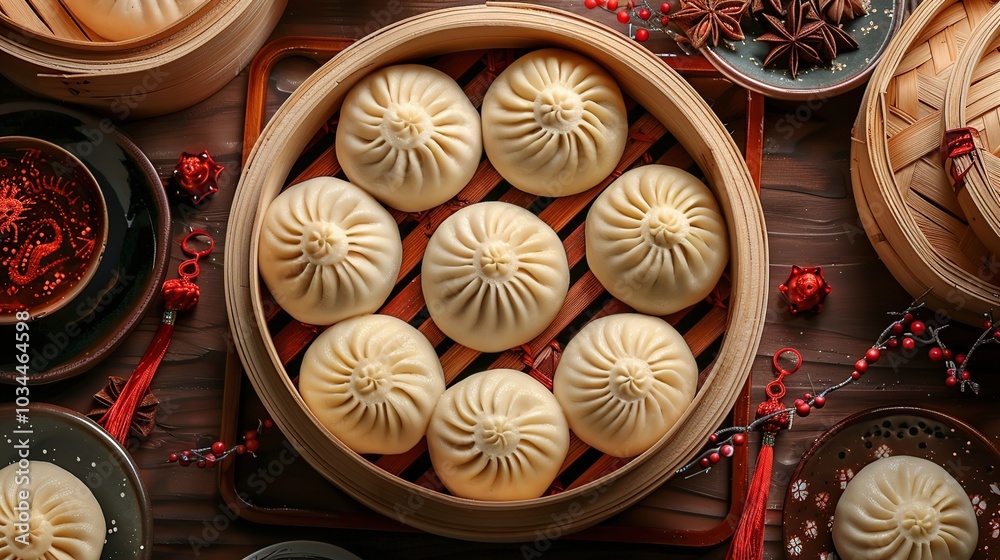 A bamboo steamer filled with eight steamed buns, a traditional Chinese delicacy. The steamer is surrounded by other traditional Chinese elements. A bamboo steamer filled with eight steamed buns, a traditional Chinese delicacy. The steamer is surrounded by other traditional Chinese elements.