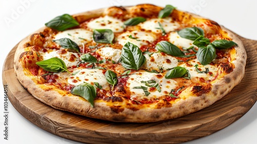 Classic Margherita pizza with fresh mozzarella and basil, served on a wooden plate isolated on a minimalist white background