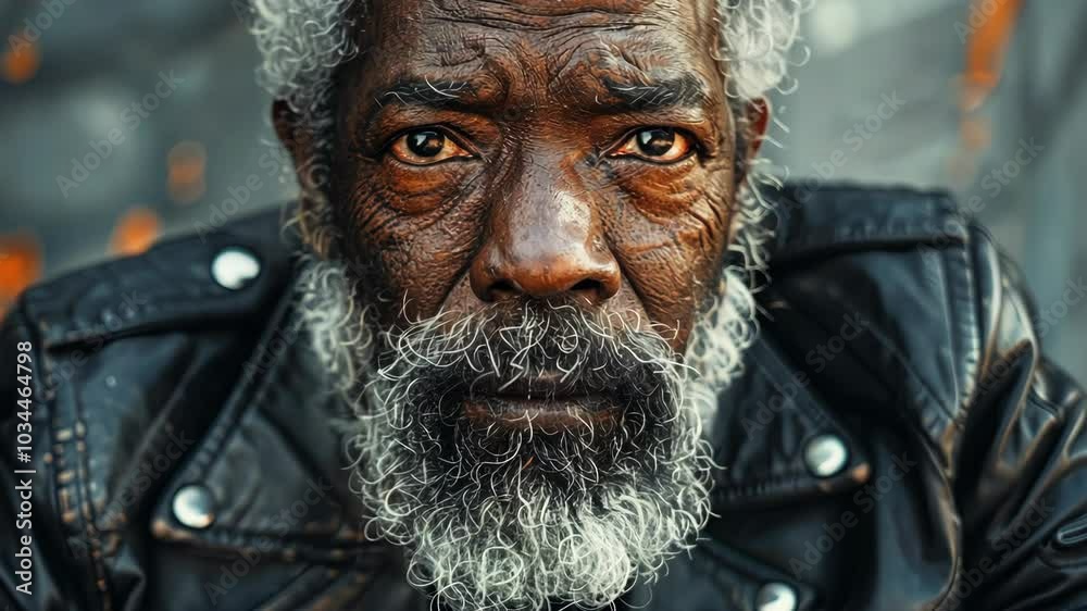 A close-up portrait of an elderly man wearing a leather jacket, looking directly at the camera A close-up portrait of an elderly man wearing a leather jacket, looking directly at the camera