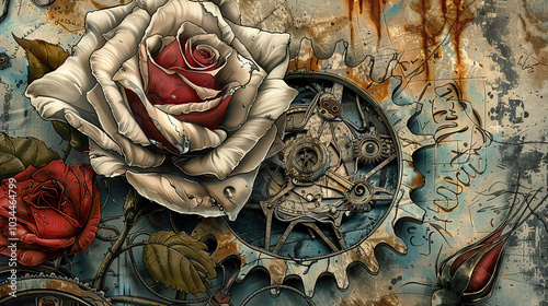 floral, vintage background, peony, flower, products, engineer, generative, artificial intelligence, steampunk, background, clockwork, brooch, rose, flower, love, nature, pink, decoration, bouquet, ros
