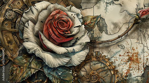 floral, vintage background, peony, flover, products, enginer, generative, ai, steampunk, background, clockwork, brooch, rose, flower, love, nature, pink, decoration, bouquet, roses, blossom, beauty, v