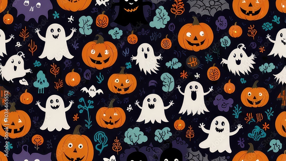 seamless vector pattern ghosts, pumpkins, bats, spiders, and witch hats, Halloween night, happy halloween, jpeg file seamless vector pattern ghosts, pumpkins, bats, spiders, and witch hats, Halloween night, happy halloween, jpeg file