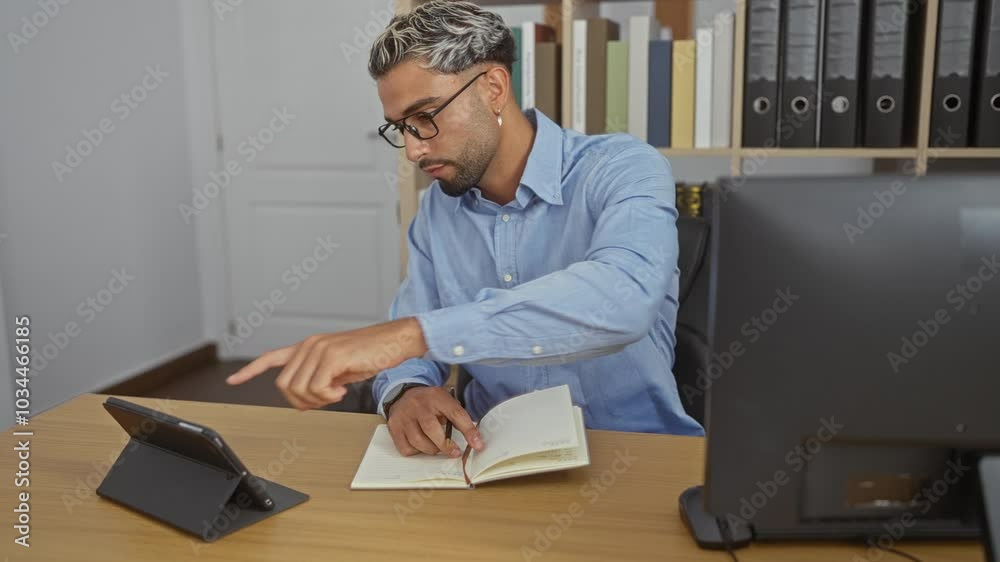 Young man working in an office, writing in a notebook, using a tablet, and wearing glasses