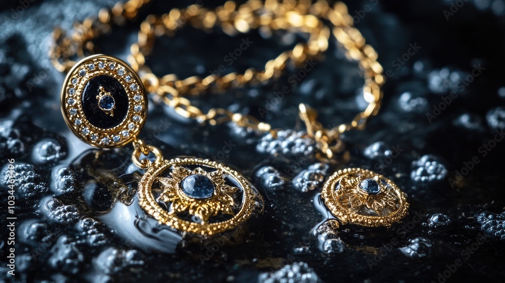 Elegant Gold Jewelry on Water Surface Elegant Gold Jewelry on Water Surface