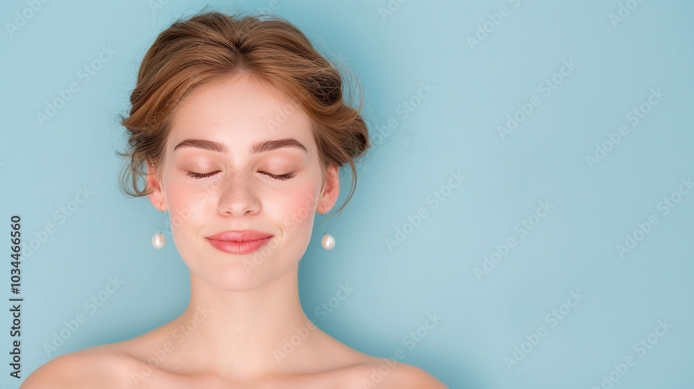 Young woman with light brown hair, closed eyes, natural makeup, pearl earrings, glowing skin, light blue background, minimalistic portrait, focus on relaxation and skincare.
Young woman with light brown hair, closed eyes, natural makeup, pearl earrings, glowing skin, light blue background, minimalistic portrait, focus on relaxation and skincare.