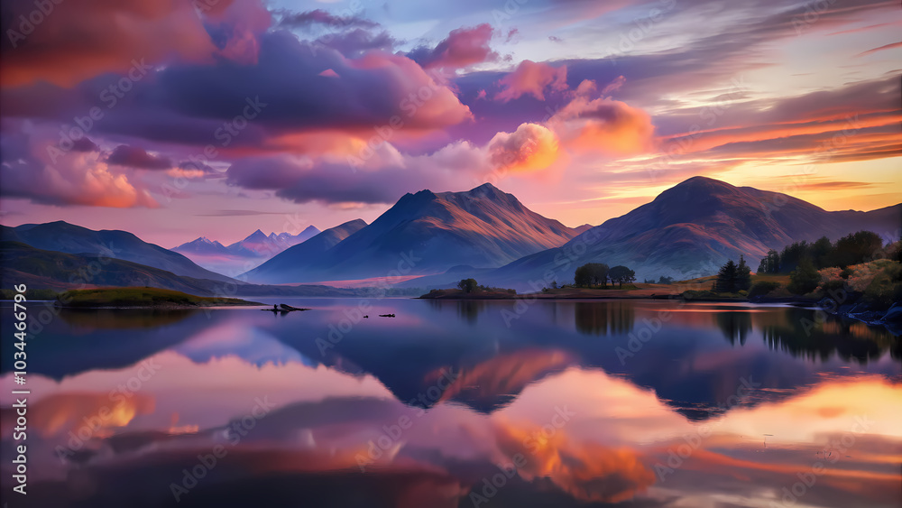 Fototapeta premium Serene mountain landscape with lake reflection at sunset