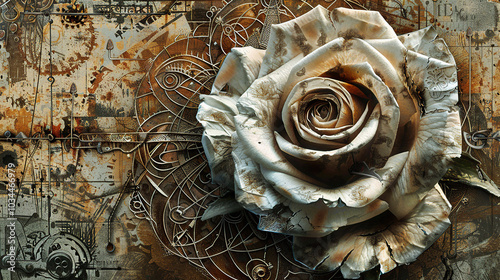 floral, vintage background, peony, flower, products, engineer, generative, artificial intelligence, steampunk, background, clockwork, brooch, rose, flower, love, nature, pink, decoration, bouquet, ros