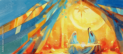 Cuadro en lienzo A Serene Nativity Scene Depicting the Birth of Jesus in Bethlehem Under a Radian