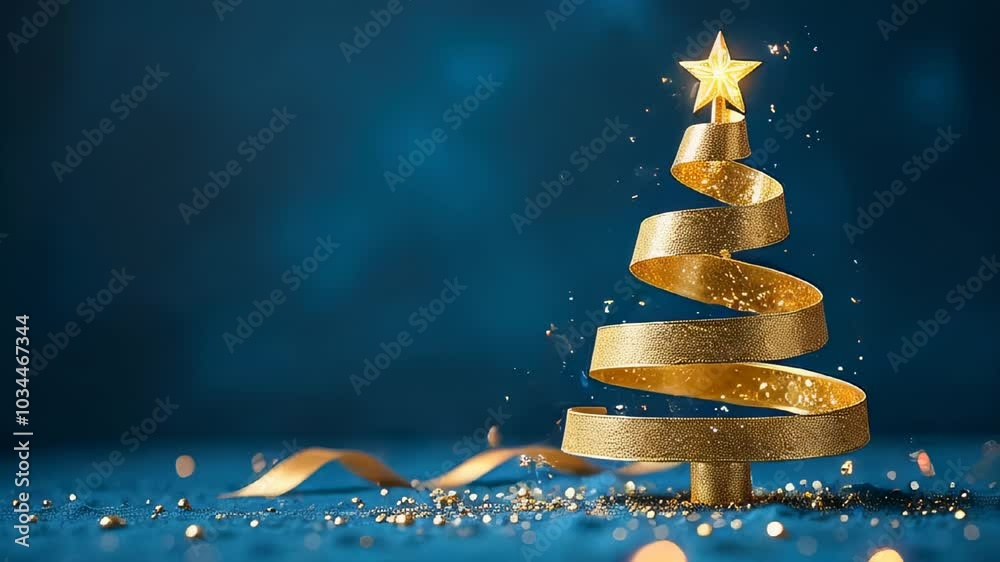 Video golden christmas tree. Christmas tree made of gold ribbon, abstract christmas background, white background	

