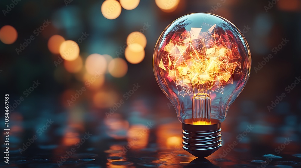 A light bulb filled with small colorful geometric shapes, representing ideas bursting with creativity. A light bulb filled with small colorful geometric shapes, representing ideas bursting with creativity.
