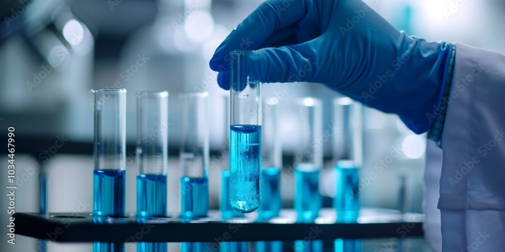 Blue flask bottle in hand in blue gloves, close-up, macro. Photo in modern laboratory Blue flask bottle in hand in blue gloves, close-up, macro. Photo in modern laboratory