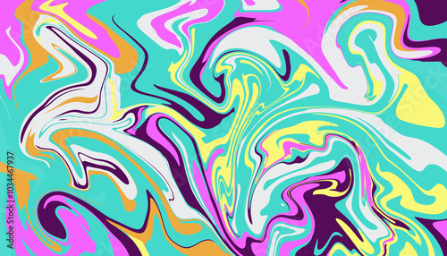 Liquid purple background, spilled colors pink, yellow and turquoise. Abstract colorful background