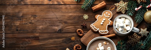 Festive winter scene with gingerbread man cookie, hot cocoa mugs, and Christmas decorations on rustic wooden background, evoking cozy holiday warmth. photo