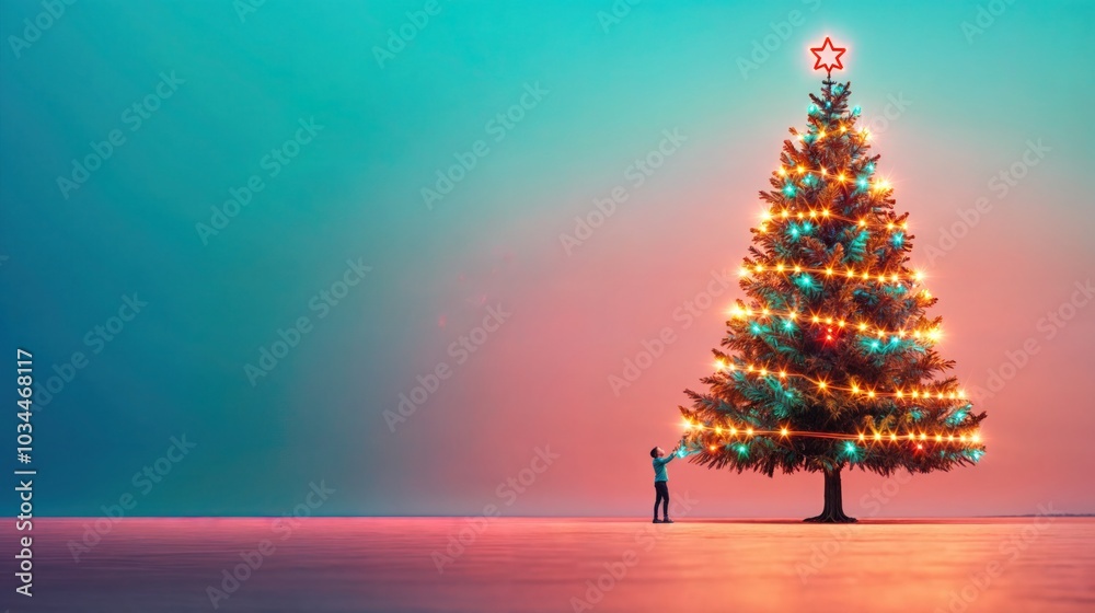 Kid decorating a giant Christmas tree at sunset, glowing holiday lights and festive cheer Kid decorating a giant Christmas tree at sunset, glowing holiday lights and festive cheer