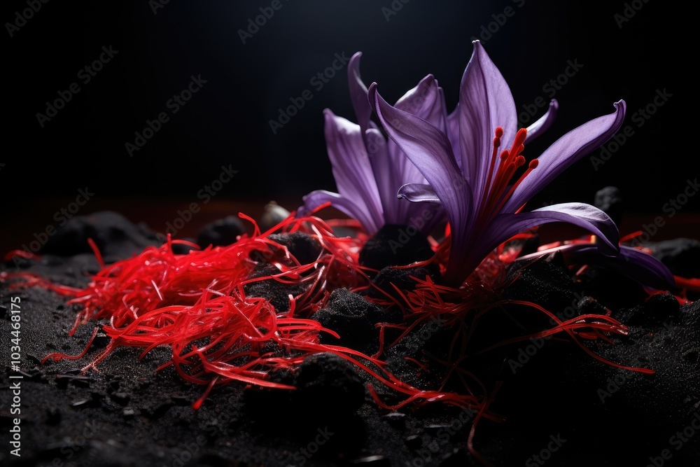 Delicate crocus flowers bloom above vibrant saffron strands on a textured surface showcasing the beauty and richness of this prized spice and its origin Delicate crocus flowers bloom above vibrant saffron strands on a textured surface showcasing the beauty and richness of this prized spice and its origin
