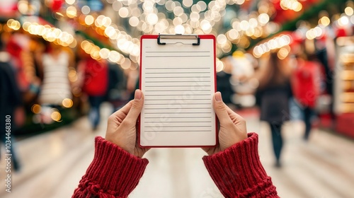 Obraz na płótnie Hands holding holiday shopping checklist in bustling Christmas market, festive season preparations w salonie