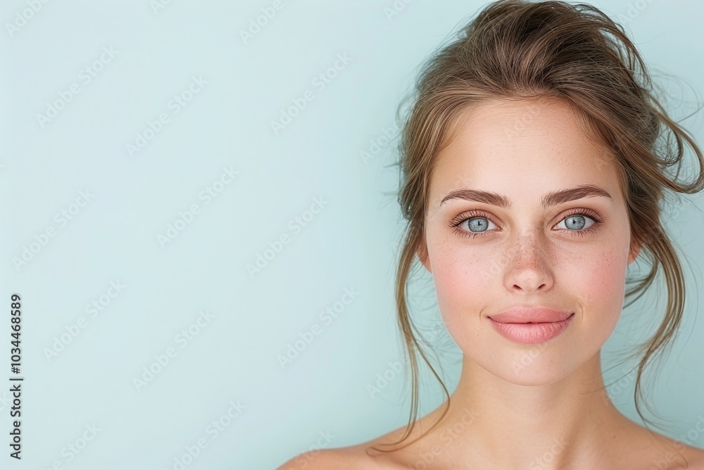 Close-up of a smiling woman with light brown hair and blue eyes, soft natural makeup, glowing skin, and messy bun hairstyle, minimalist blue background, beauty shot, skincare concept.
Close-up of a smiling woman with light brown hair and blue eyes, soft natural makeup, glowing skin, and messy bun hairstyle, minimalist blue background, beauty shot, skincare concept.