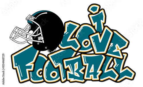 I Love Football - grey, black and gold football player helmet, sport vector graphics for street art - graffiti lettering typography - art illustration - multicolor - writen Word -	

	
