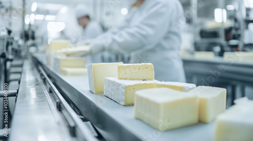 Conveyor line with cheese products in production. Cheese blocks are neatly laid out on a belt that moves along the production floor. Workers in white uniforms are visible in the distance.