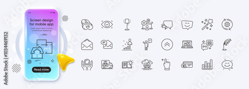 Cogwheel, Floor lamp and Graph chart line icons for web app. Phone mockup gradient screen. Pack of Smile face, Mail, Magic wand pictogram icons. Swipe up, Delivery truck, Web inventory signs. Vector