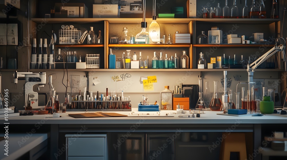 scientific experiments, Laboratory equipment and test tubes- science concept. 