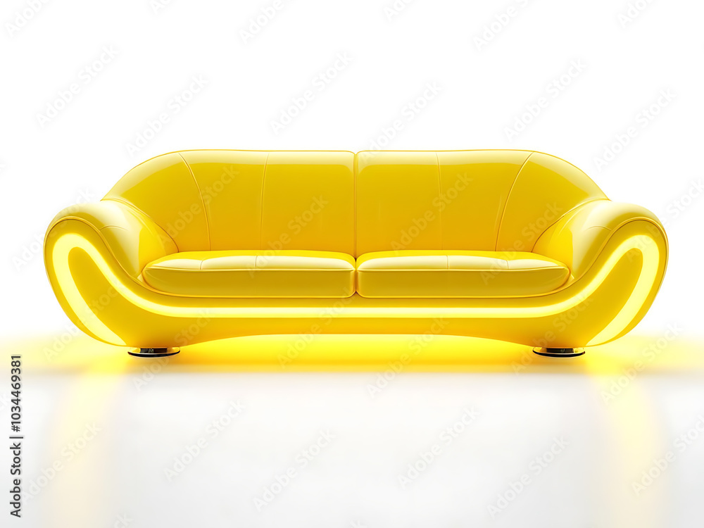Modern Yellow Sofa with Curved Design and Neon Light Illumination, Creating a Striking Futuristic Effect for Contemporary Spaces, White Background. Modern Yellow Sofa with Curved Design and Neon Light Illumination, Creating a Striking Futuristic Effect for Contemporary Spaces, White Background.
