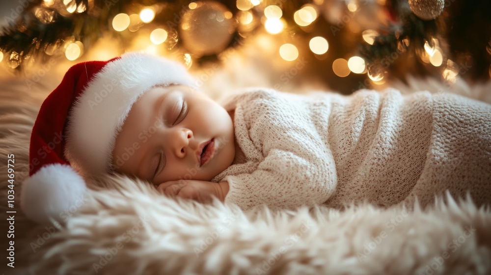 A cozy baby, wearing a Santa hat and a knitted outfit, sleeps peacefully on a fluffy blanket in front of a twinkling Christmas tree, surrounded by festive ornaments. A cozy baby, wearing a Santa hat and a knitted outfit, sleeps peacefully on a fluffy blanket in front of a twinkling Christmas tree, surrounded by festive ornaments.