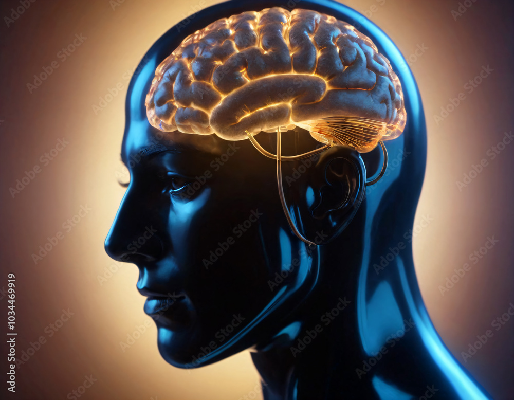 Obraz premium Hologram of the human head. A brain with a microchip inside is visible.
