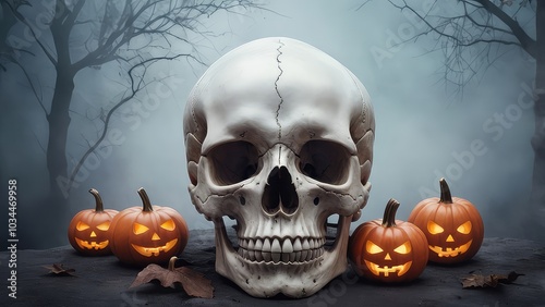 Human skull on a Halloween foggy background Halloween night, light pumpkin, JPEG 