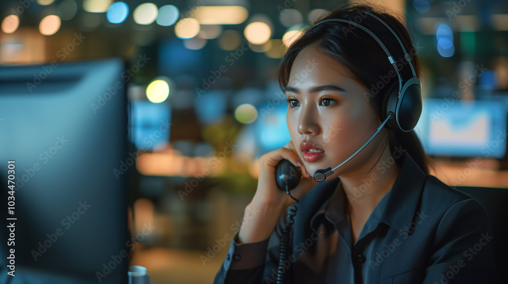 Customer service representative with headset, attentively assisting a client in a high-tech office setting. Customer service representative with headset, attentively assisting a client in a high-tech office setting.