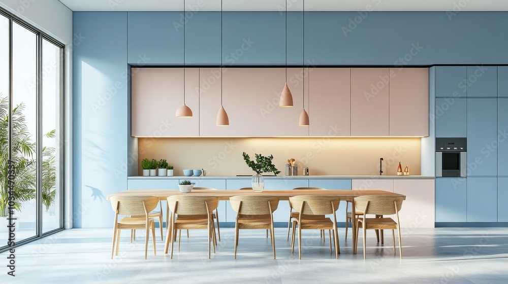 Empty dining table with chairs in a modern kitchen, pastel color scheme, clean and minimalistic decor, spacious and bright Empty dining table with chairs in a modern kitchen, pastel color scheme, clean and minimalistic decor, spacious and bright