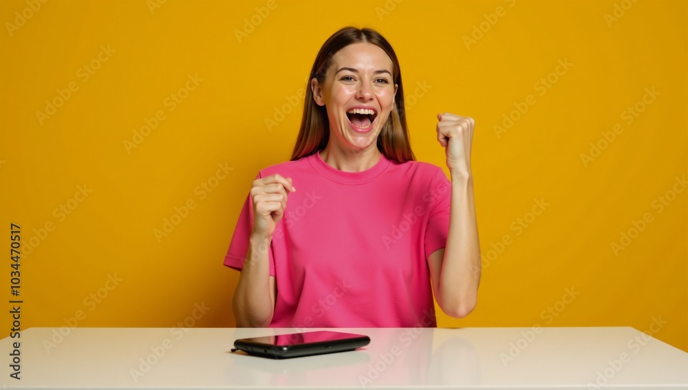 A photo featuring an ecstatic woman in a pink tee and raised fist against a bright yellow backdrop she symbolizes luck in sports betting surrounded by isolating elements of the gaming world A photo featuring an ecstatic woman in a pink tee and raised fist against a bright yellow backdrop she symbolizes luck in sports betting surrounded by isolating elements of the gaming world