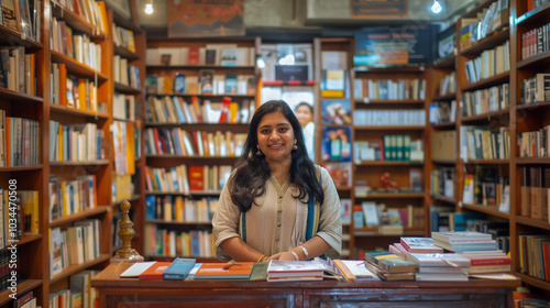 Smiling Indian woman standing behind a counter in a cozy bookstore, surrounded by bookshelves. Perfect for visuals related to literature, reading, and customer service.