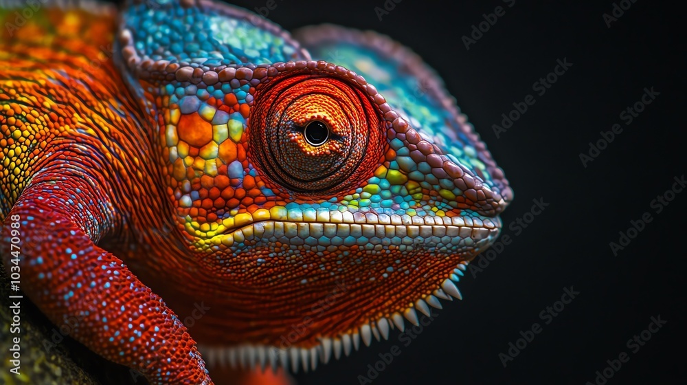 Obraz premium Colorful chameleon close-up, showcasing vibrant scales and unique textures.