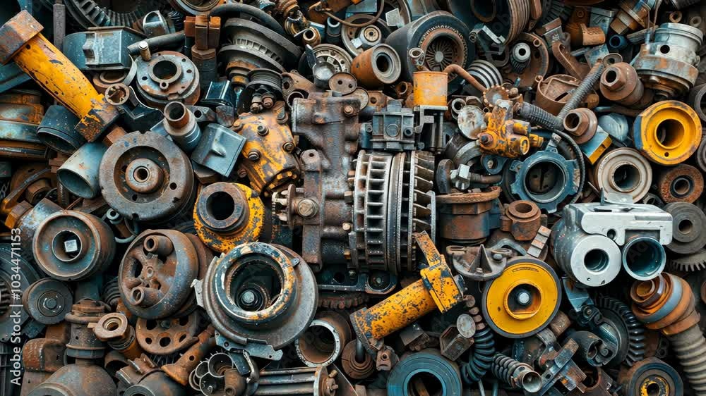 A pile of old, rusty metal parts, including gears, bolts, and engine components, lies forgotten in a junkyard A pile of old, rusty metal parts, including gears, bolts, and engine components, lies forgotten in a junkyard