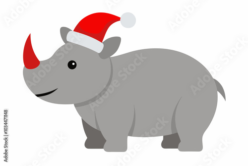 Vector color set of rhinos in Santa Claus hats isolated on white background, grey rhinoceroses , christmas vector elements for T-shirt design.