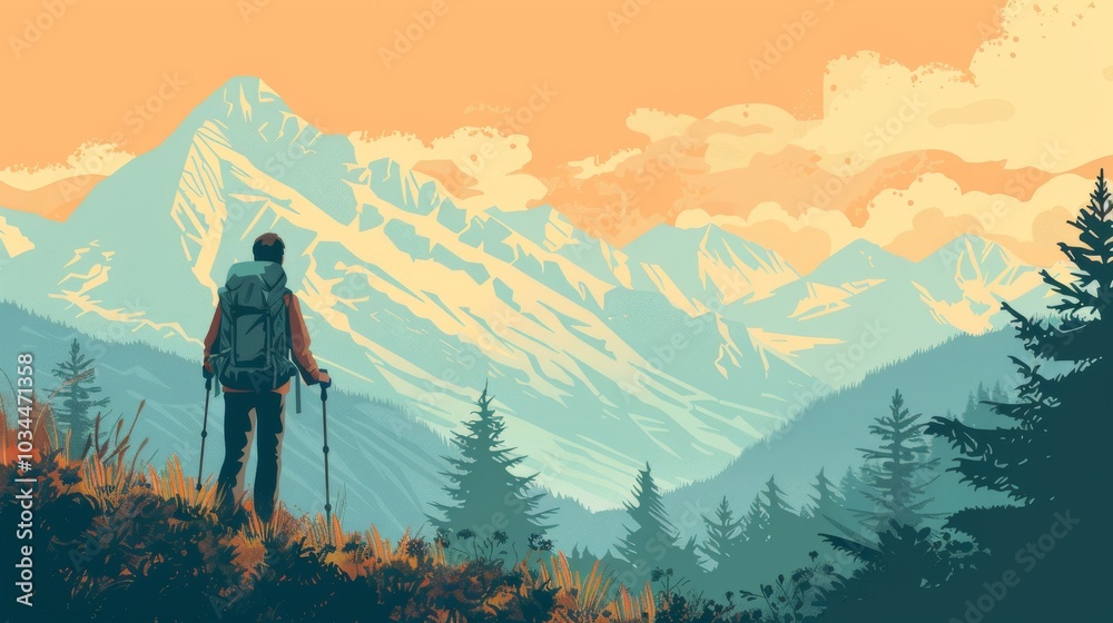 Illustration of Man enjoying a hike in the mountains Illustration of Man enjoying a hike in the mountains