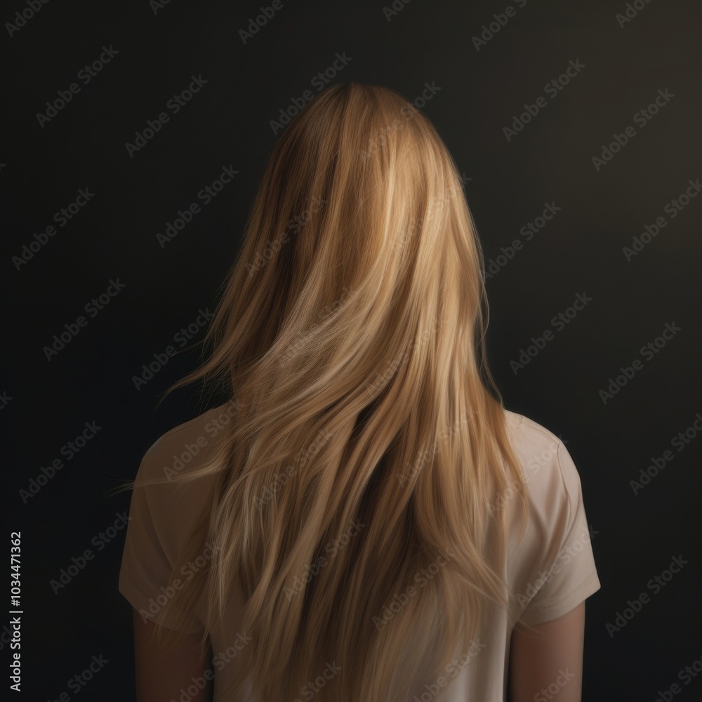Naklejka premium a woman with long blonde hair standing in front of a black background