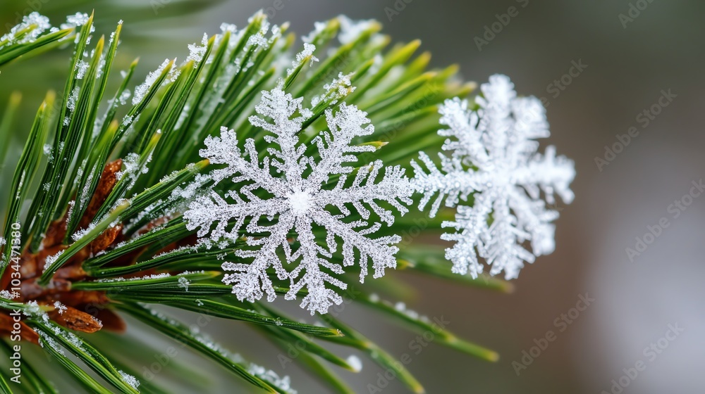 Close-up of snowflakes on pine needles, green background. Close-up of snowflakes on pine needles, green background.