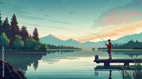 Illustration of Man fishing off a dock on a lake
