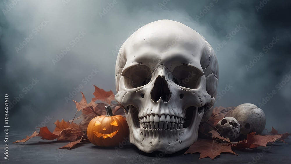 Human skull on a Halloween foggy background Halloween night, light pumpkin, JPEG  