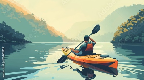Illustration of Man kayaking on a calm river