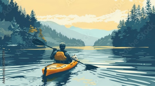 Illustration of Man kayaking on a calm river