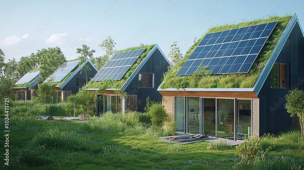 Eco-friendly homes with solar panels and green roofs in lush landscape. Eco-friendly homes with solar panels and green roofs in lush landscape.