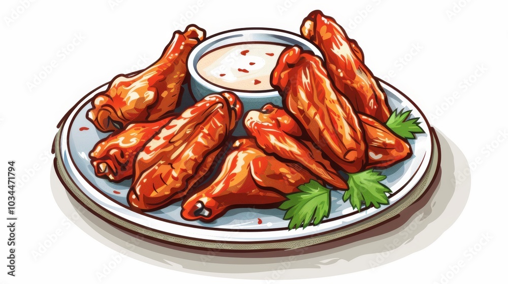 Illustration of Plate of spicy chicken wings with dipping sauce Illustration of Plate of spicy chicken wings with dipping sauce