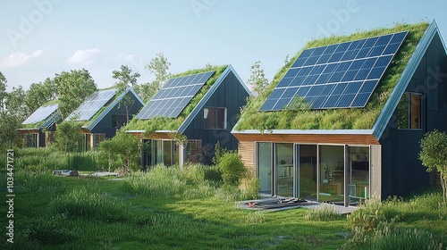 Eco-friendly homes with solar panels and green roofs in lush landscape.