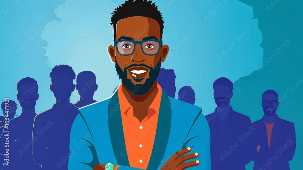 A dynamic speaker shares insights on community empowerment while standing confidently against a blue background with an audience silhouette A dynamic speaker shares insights on community empowerment while standing confidently against a blue background with an audience silhouette